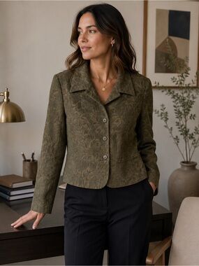 Mondo Petite Forest Green Floral Textured Women's Blazer Size 14 Office Workwear